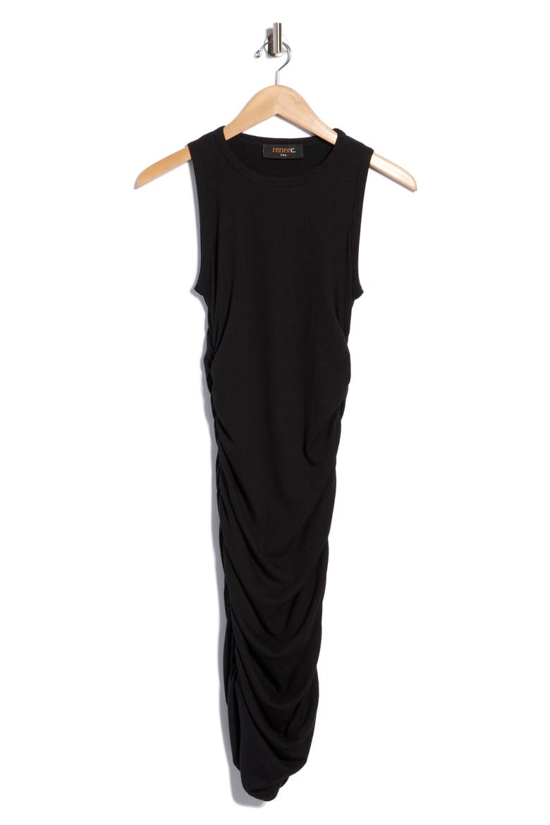 Sleeveless Ruched Knit Midi Dress, Alternate, color, BLACK