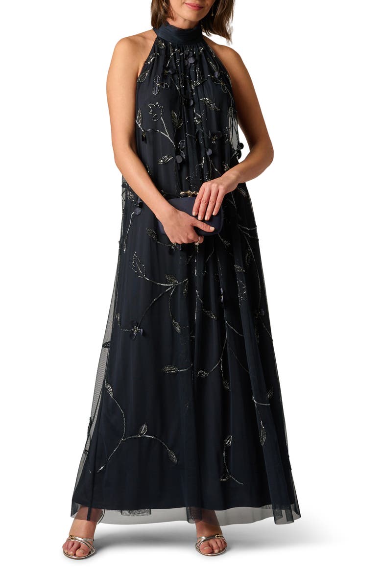 Beaded Floral Trapeze Gown, Main, color, MIDNIGHT