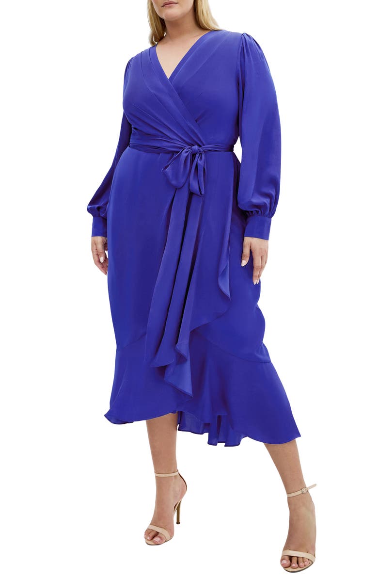 City Chic Ophelia Long Sleeve Faux Wrap Maxi Dress, Main, color, Cobalt