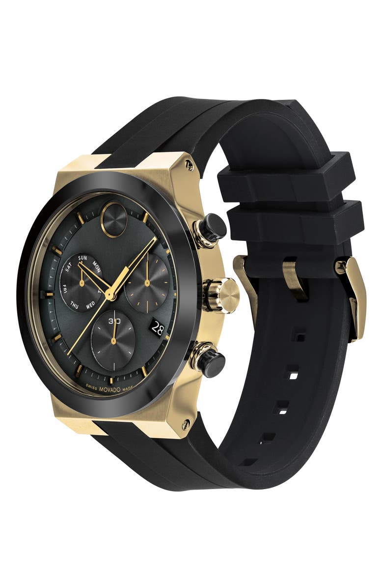 Movado Bold Fusion Chronograph Silicone Strap Watch, 44mm, Alternate, color, Black