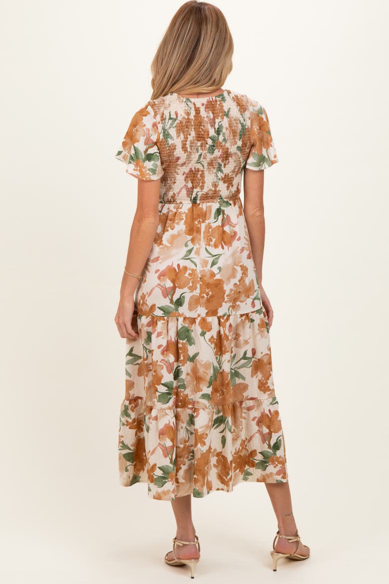 Floral Smocked Tiered Midi Dress, Alternate, color, Mocha