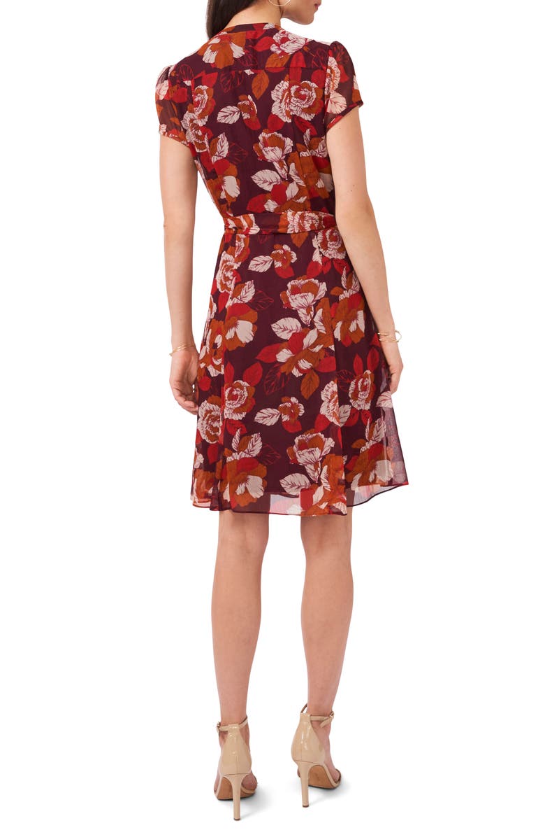 Chaus Pleated Floral Print Tie Waist Dress, Alternate, color, Wine