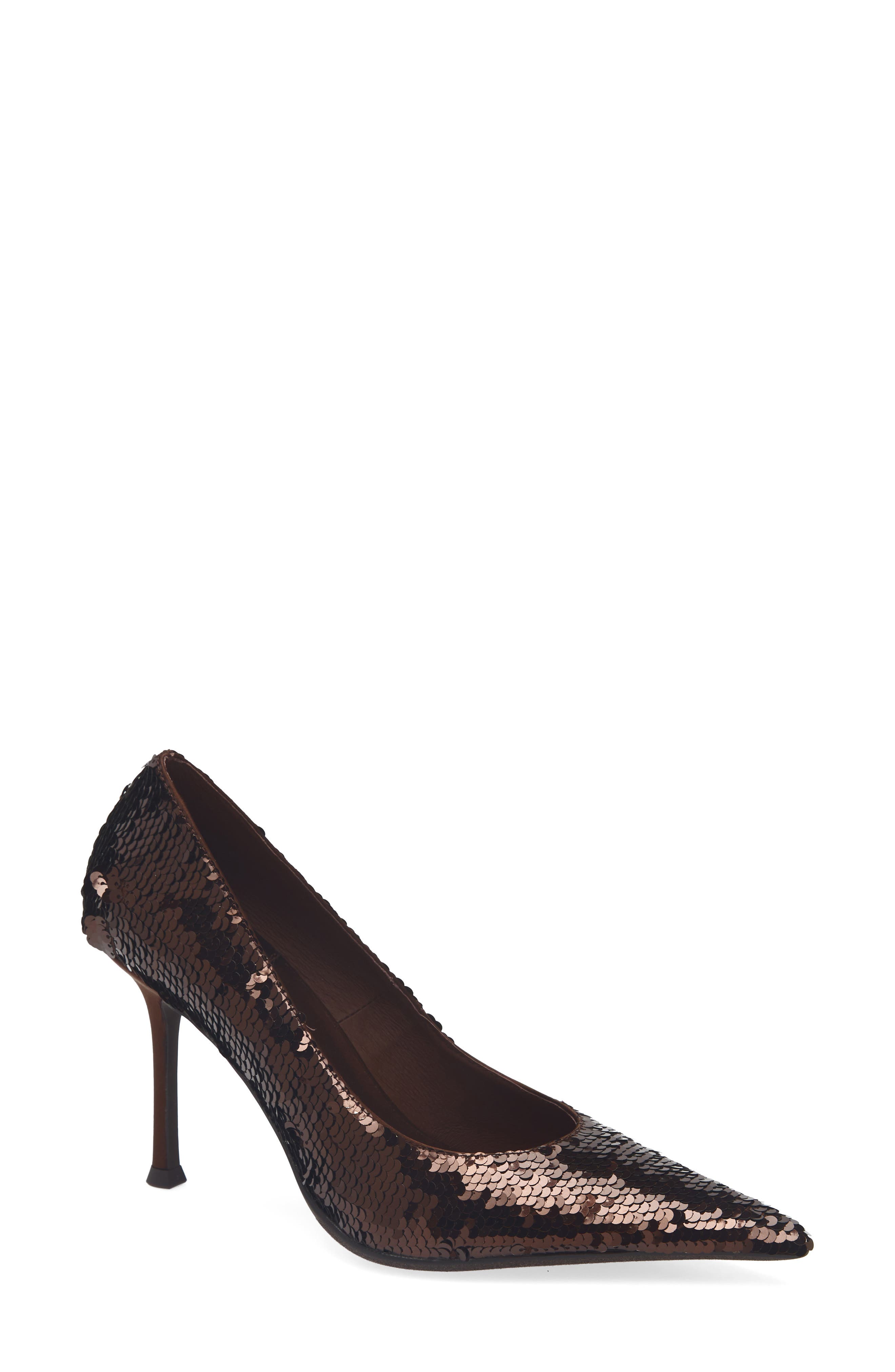 Jeffrey Campbell Risk Sequin Pointed Toe Pump, Main, color, Brown