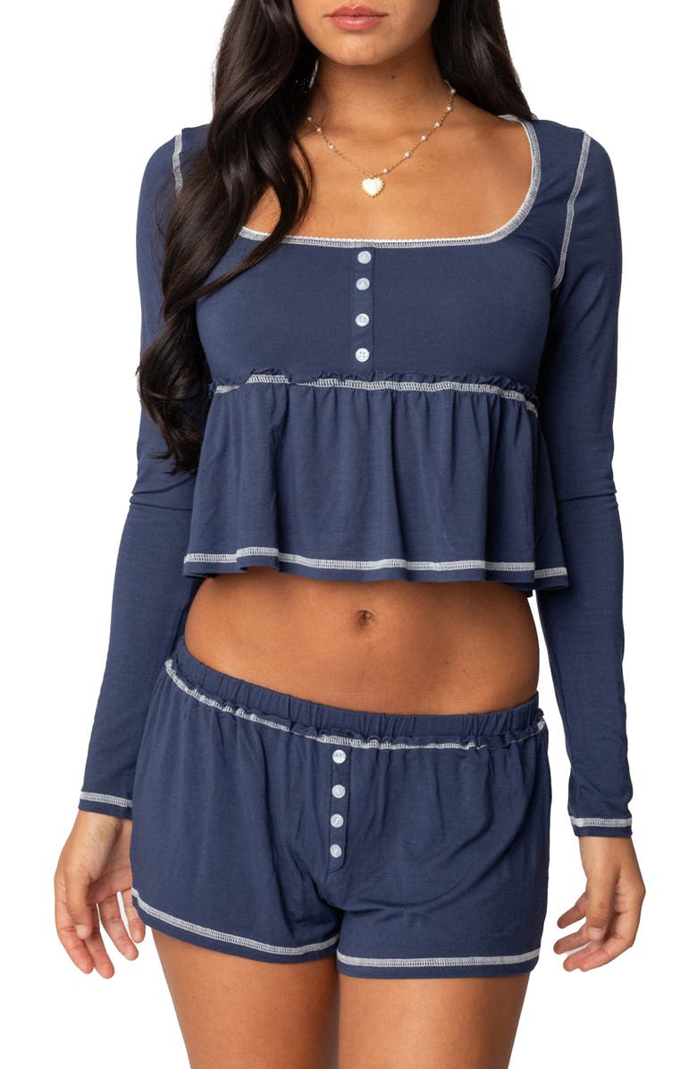 EDIKTED Arianne Long Sleeve Babydoll Top, Main, color, Navy
