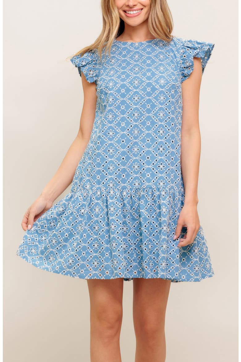 Embroidered Eyelet Cap Sleeve Drop Waist Dress, Alternate, color, BLUE/ IVORY