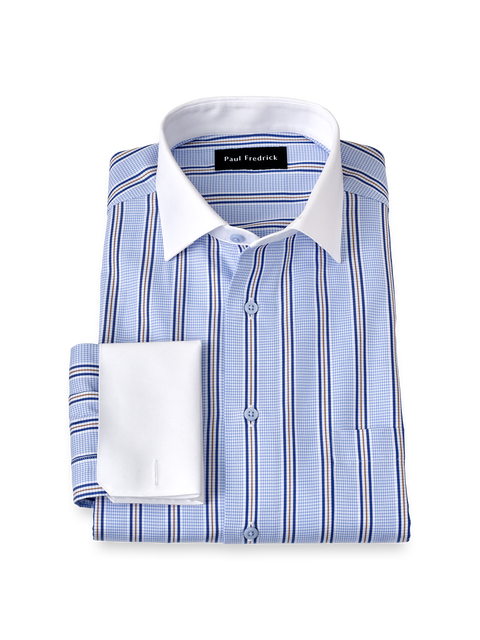 Cotton Spread Collar Dobby Tailored Contrast Trim French Cuff Long Sleeve