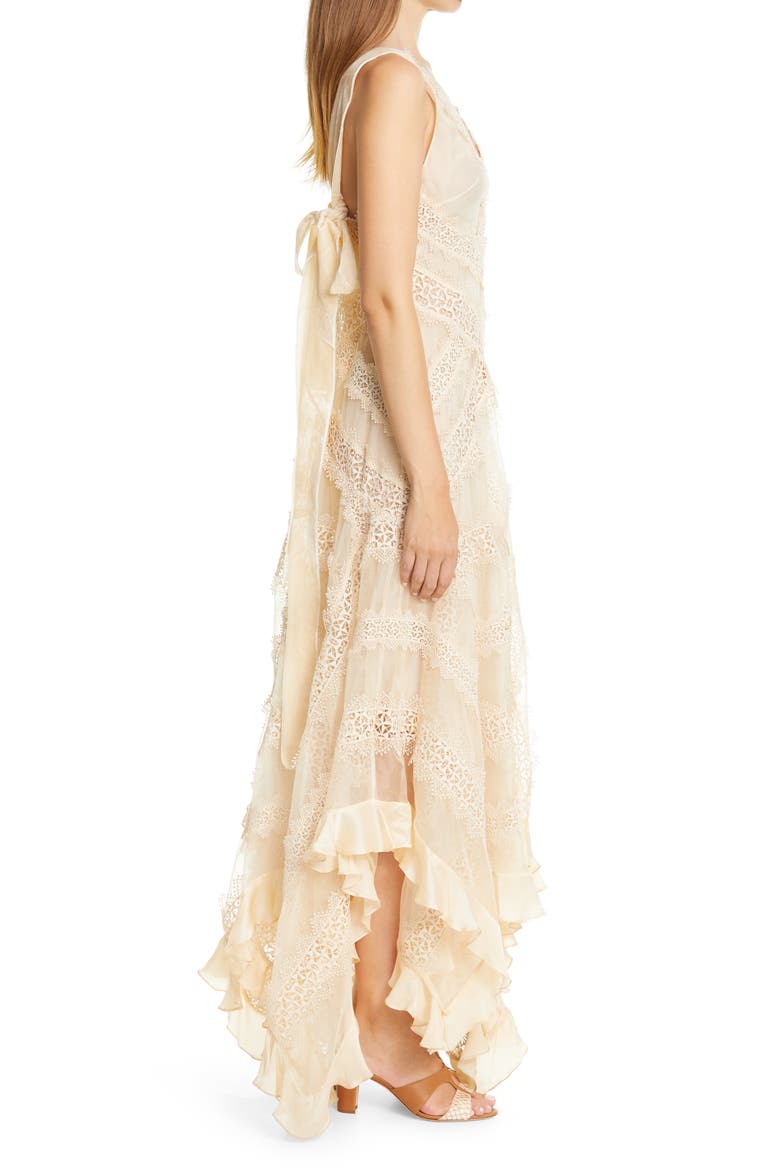 Charm Star Lace & Ruffle Trim Silk Dress, Alternate, color, CREAM