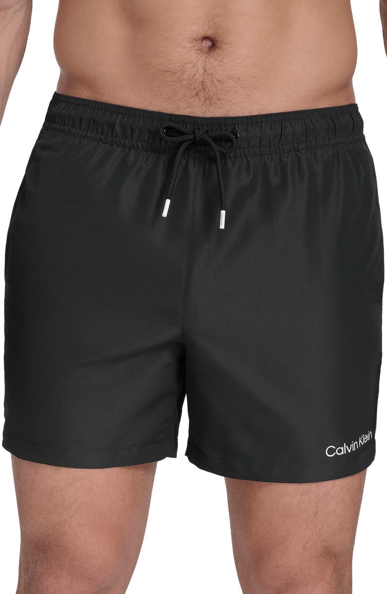 Calvin Klein Logo Piping Swim Trunks, Alternate, color, Black