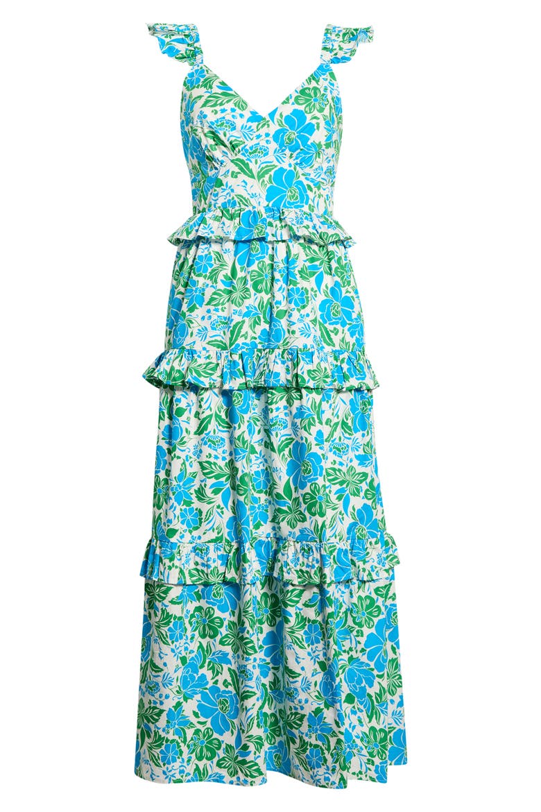 Bivore Floral Print Ruffle Maxi Dress, Alternate, color, BLUE-GREEN-WHITE