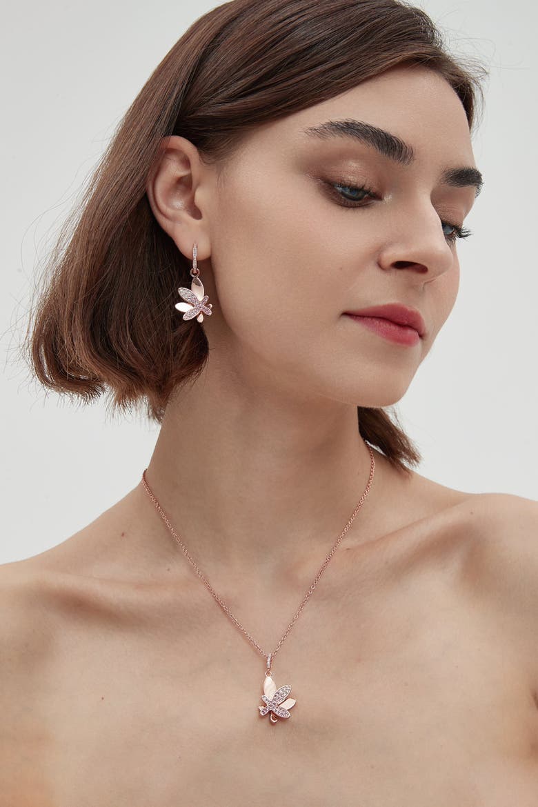 Pavé Butterfly Dangle Drop Hoop Earrings, Alternate, color, Rose Gold/Pink