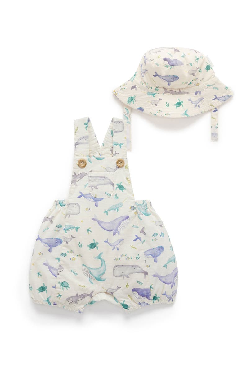 Purebaby Short Leg Overall & Hat Set, Main, color, Whale Print