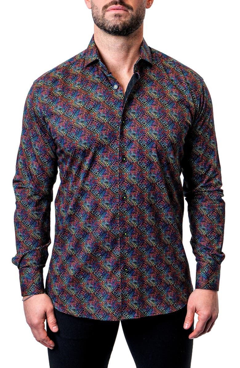 Maceoo Einstein Diamond Medallion Contemporary Fit Button-Up Shirt, Main, color, Blue Multi