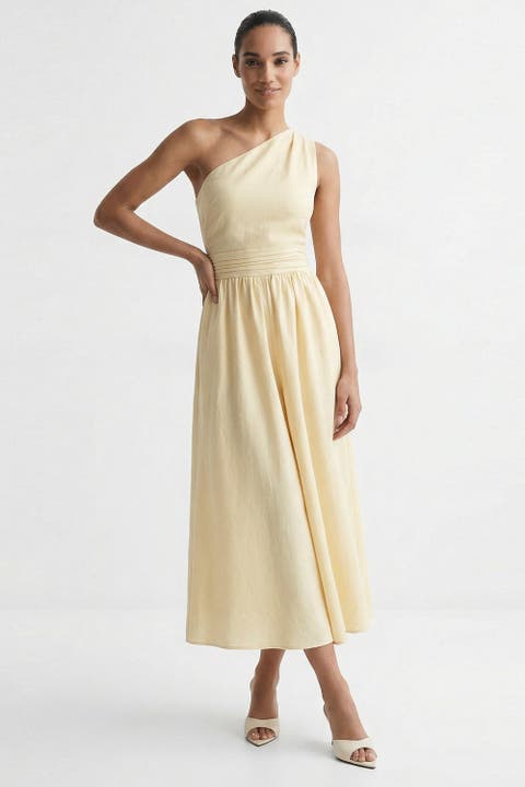 Burk Elastic Waist Linen Blend Midi Dress