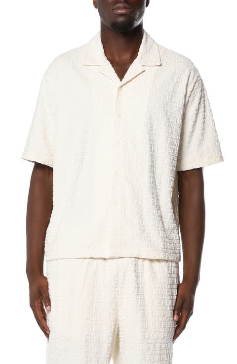 Cotton Blend Terry Button-Up Camp Shirt
