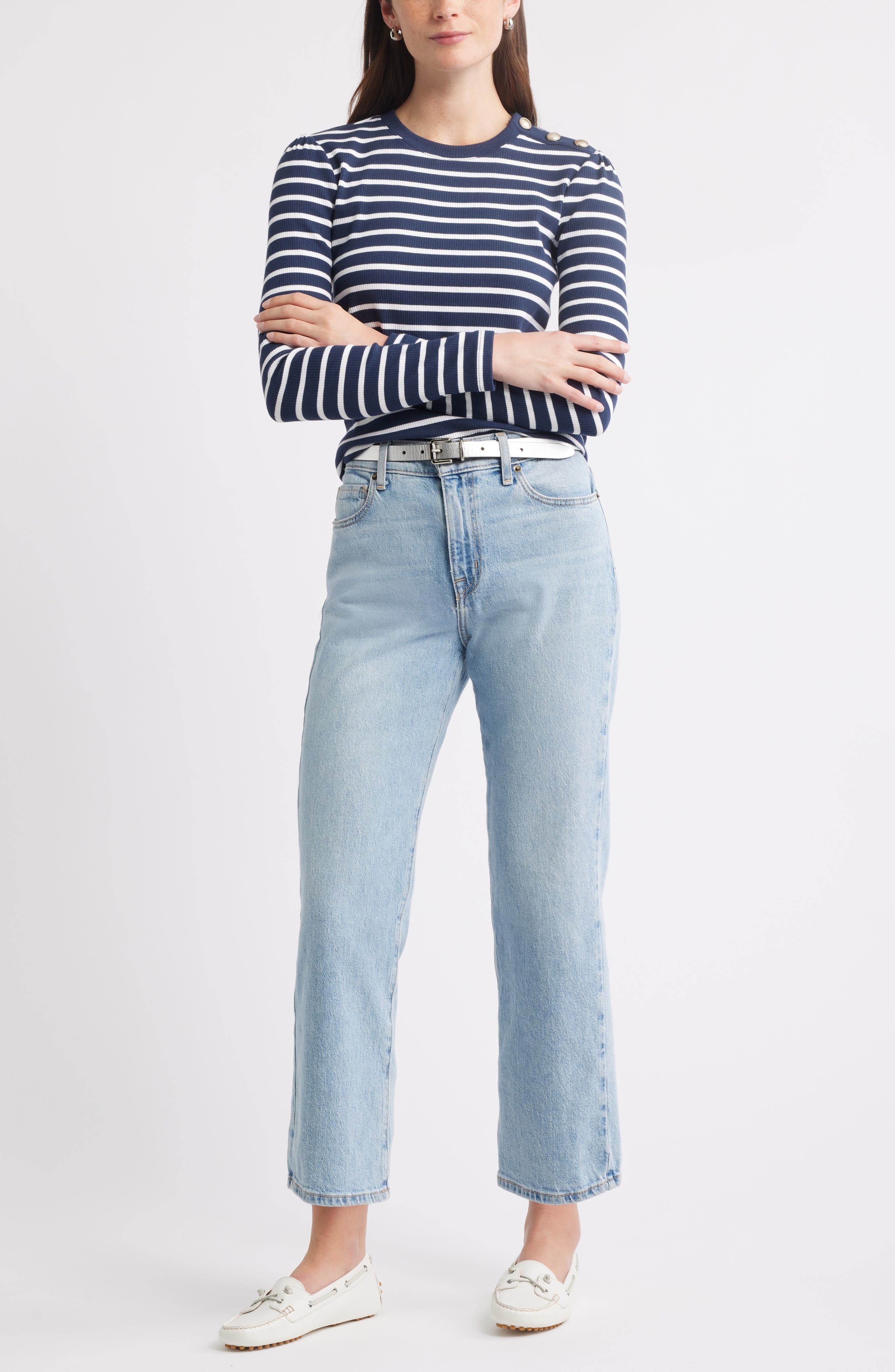 Stripe Button Shoulder Long Sleeve Rib T-Shirt - image 2