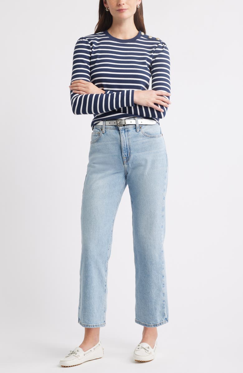Caslon<sup>®</sup> Stripe Button Shoulder Long Sleeve Rib T-Shirt, Alternate, color, Navy- White Josephine Stripe