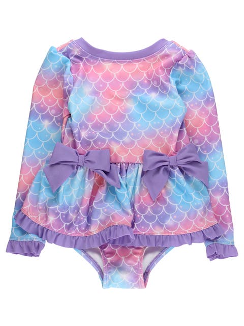 UPF50+ Long Sleeve One Piece Bow Peplum Rash Guard Swimsuit