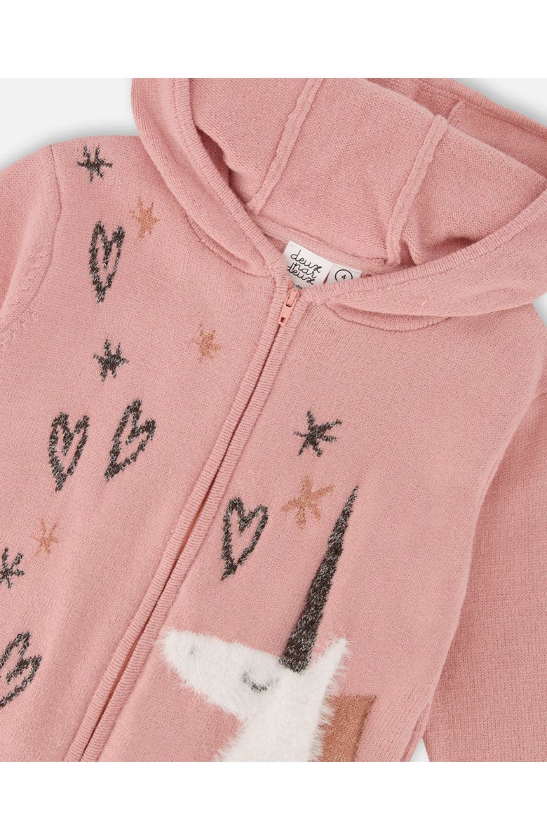 Deux par Deux Hooded Knit Cardigan with Unicorn Intarsia, Alternate, color, Dusty Pink