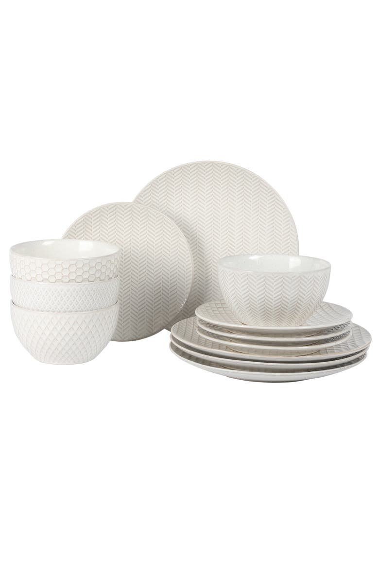 Oyster Tide 12-Piece Embossed Reactive Glaze Stoneware Dinnerware Set, Main, color, White
