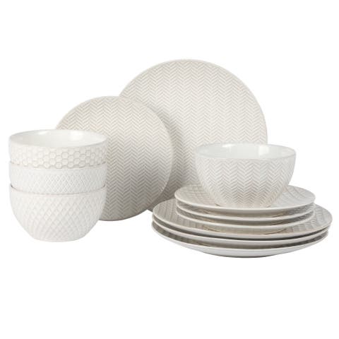 Oyster Tide 12-Piece Embossed Reactive Glaze Stoneware Dinnerware Set