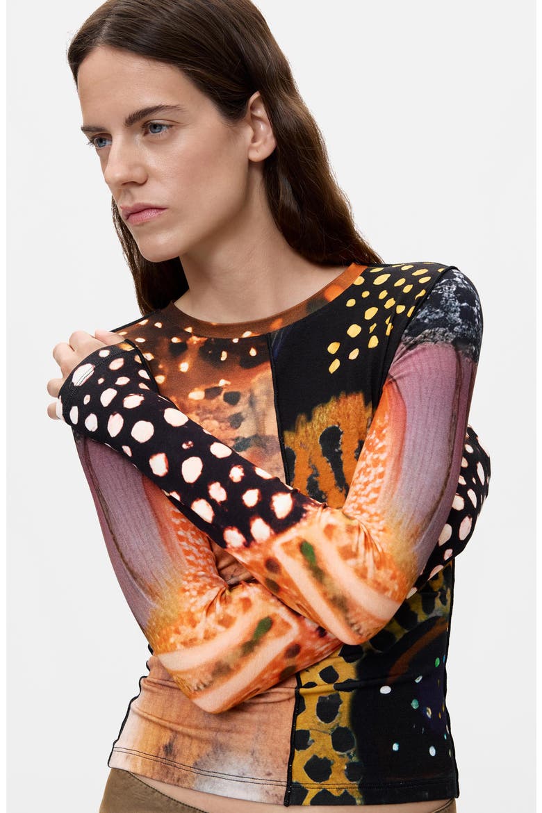 Print Top, Alternate, color, ORANGE MULTI