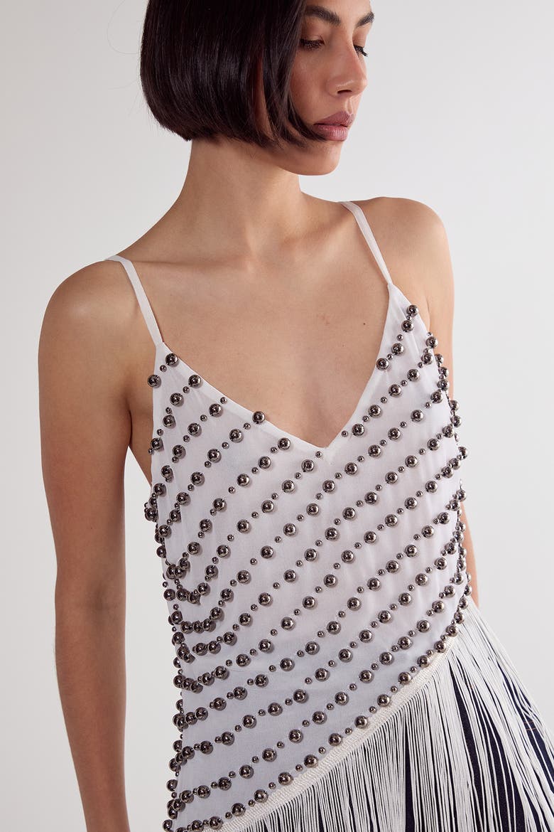 Studded Asymmetric Fringed Cami Top, Alternate, color, White