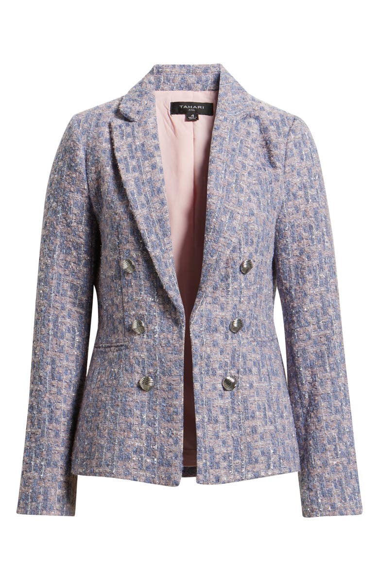Tahari ASL Faux Double Breasted Metallic Tweed Blazer, Alternate, color, Blue Rose Silver