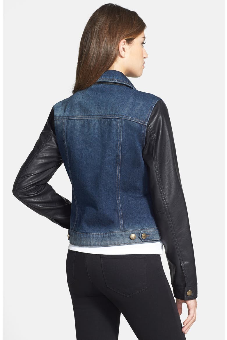 Faux Leather Sleeve Denim Jacket, Alternate, color, BLUE