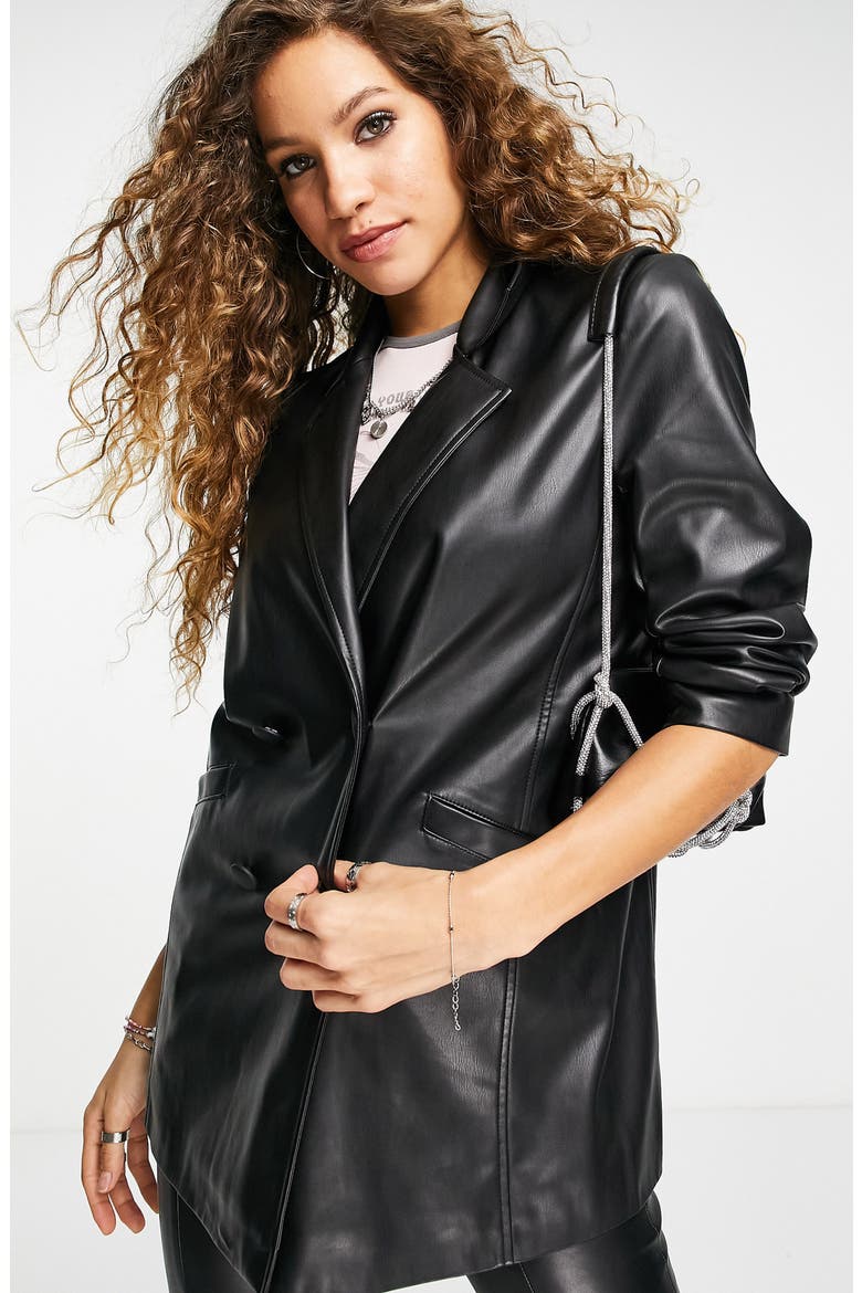 Double Breasted Faux Leather Blazer, Alternate, color, BLACK
