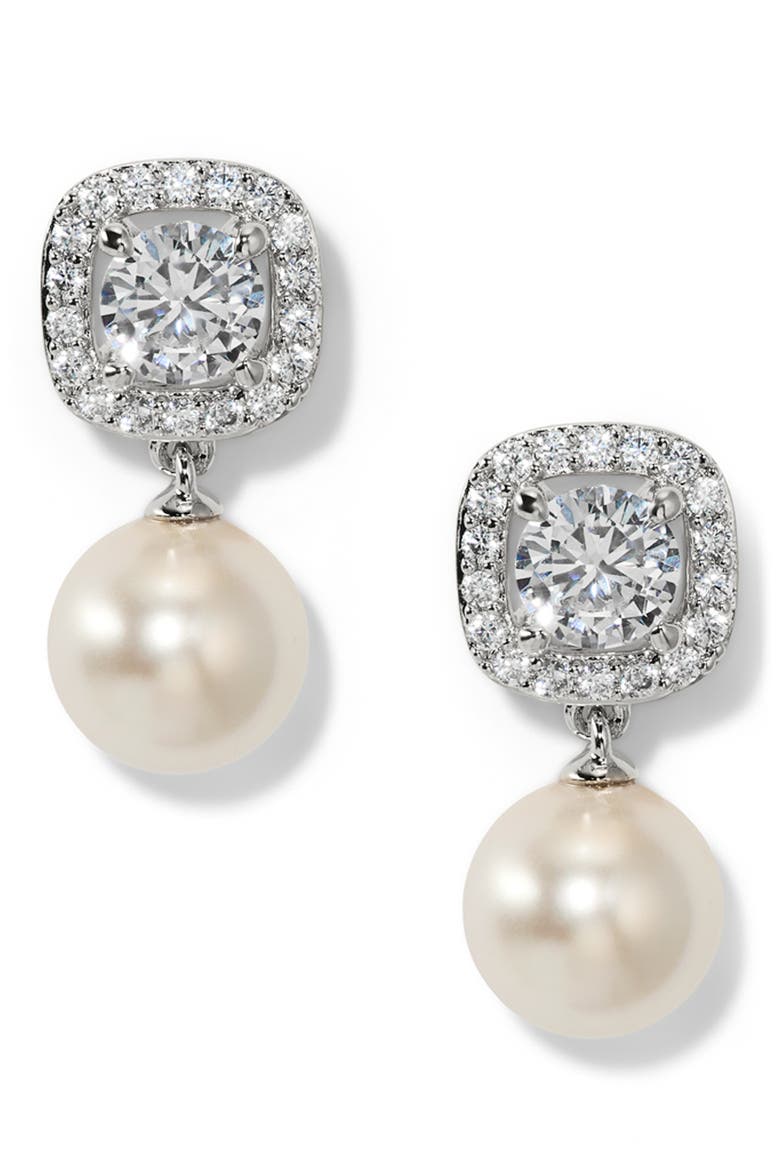 Cubic Zirconia Halo Drop Earrings, Main, color, RHODIUM