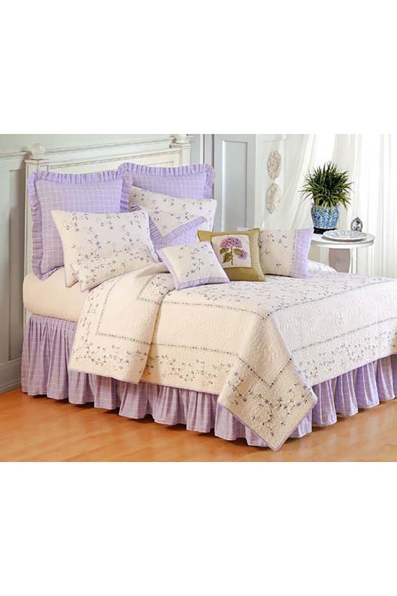 Sage Purple Lilac Checkered Stripes Cotton Blend 14" Drop Full Queen Bed Skirt, Main, color, Green