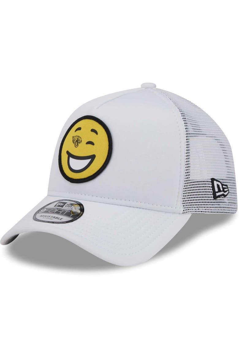 Men's New Era White Jacksonville Jaguars Happy A-Frame Trucker 9FORTY Snapback Hat, Main, color, White