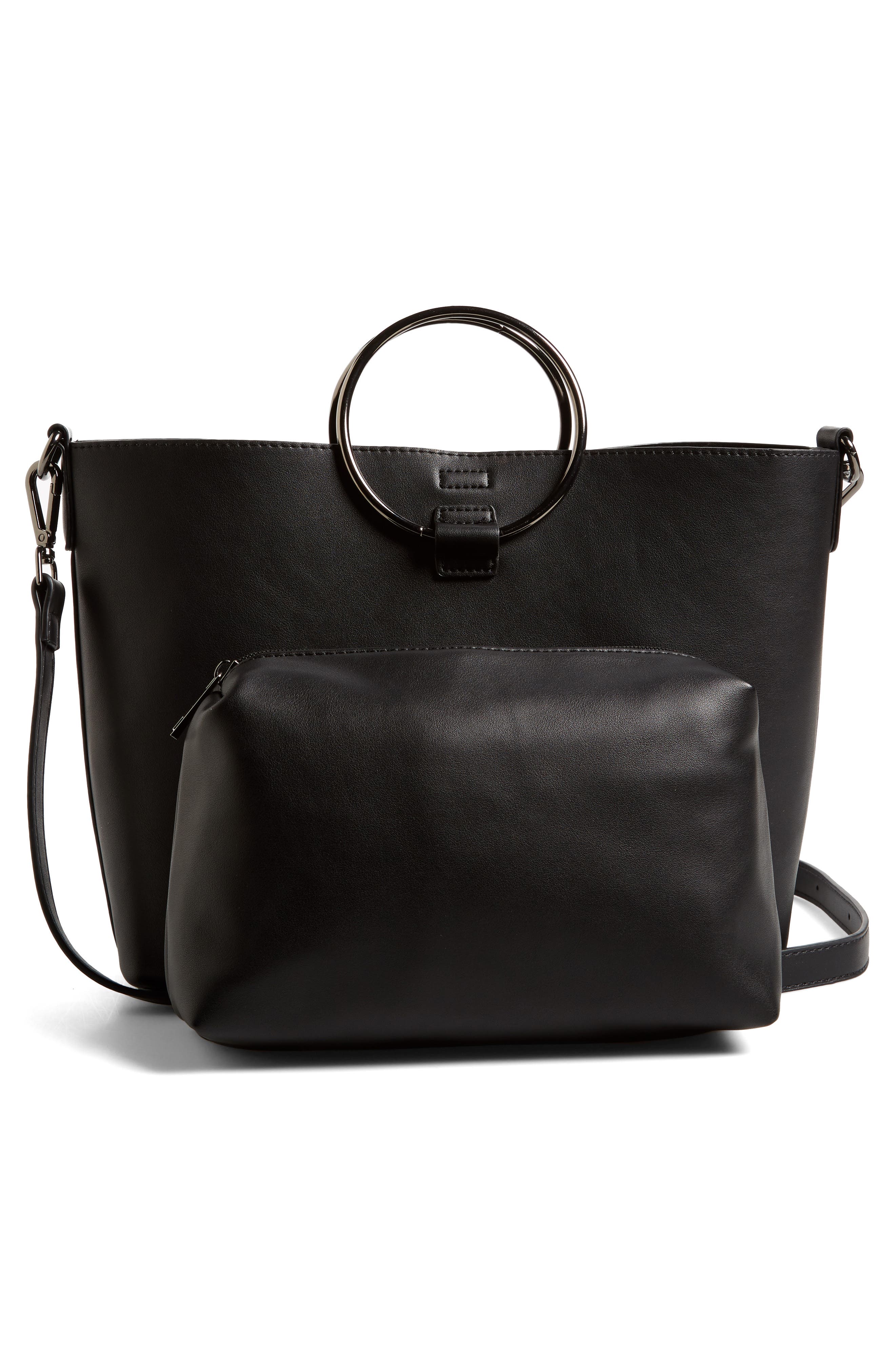 Street Level Metal Handle Faux Leather Crossbody Bag, Alternate, color, 