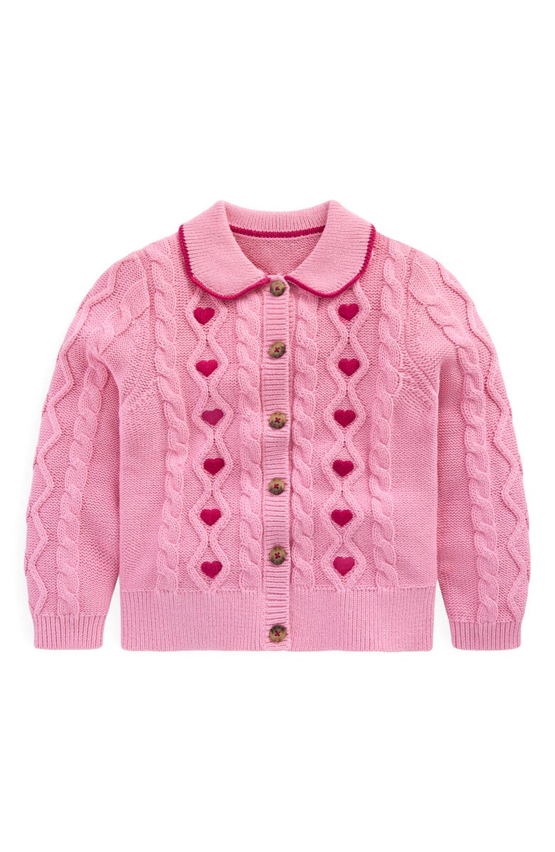Mini Boden Kids' Heart Embroidered Cable Cotton Cardigan, Main, color, Formica Pink