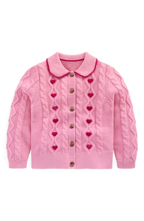 Mini Boden Kids' Heart Embroidered Cable Cotton Cardigan In Pink