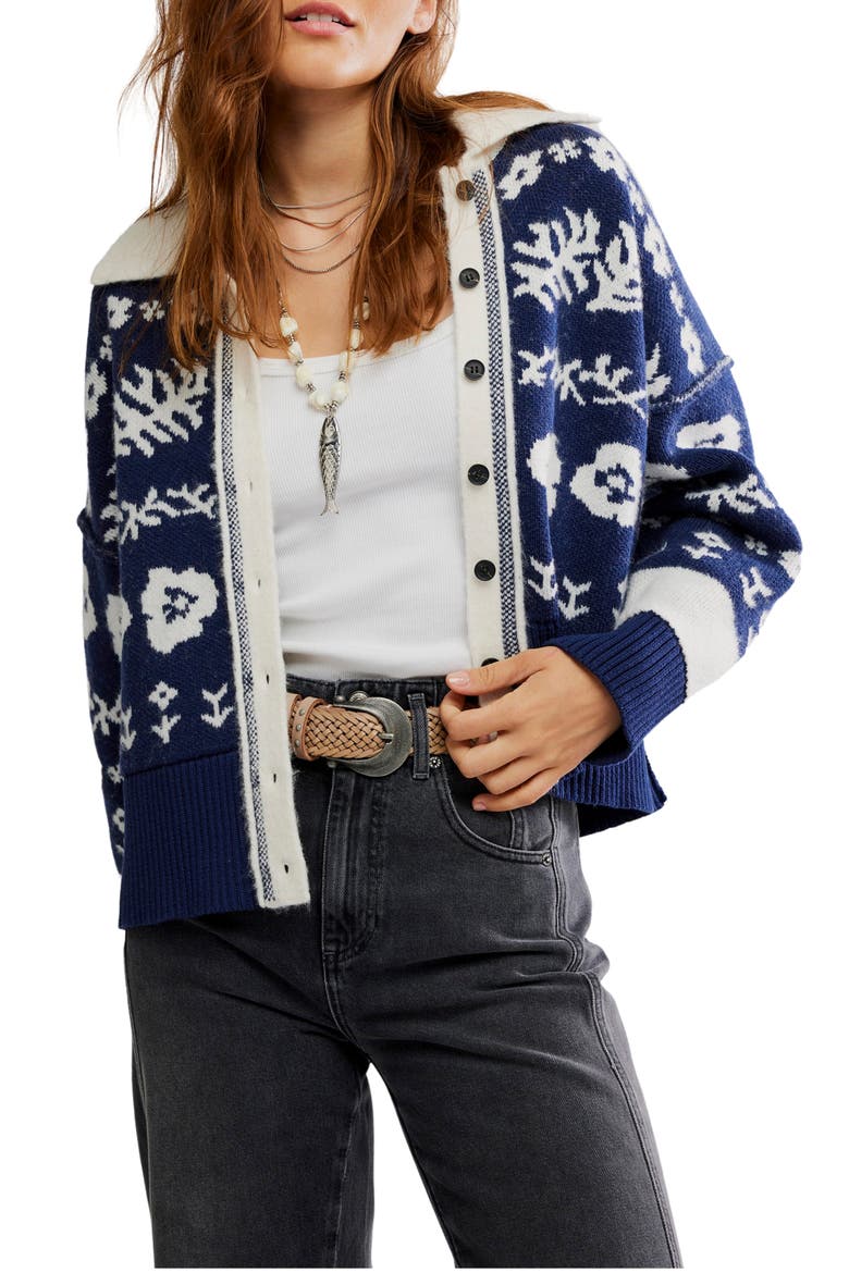 Shelby Floral Jacquard Cardigan, Main, color, NAVY