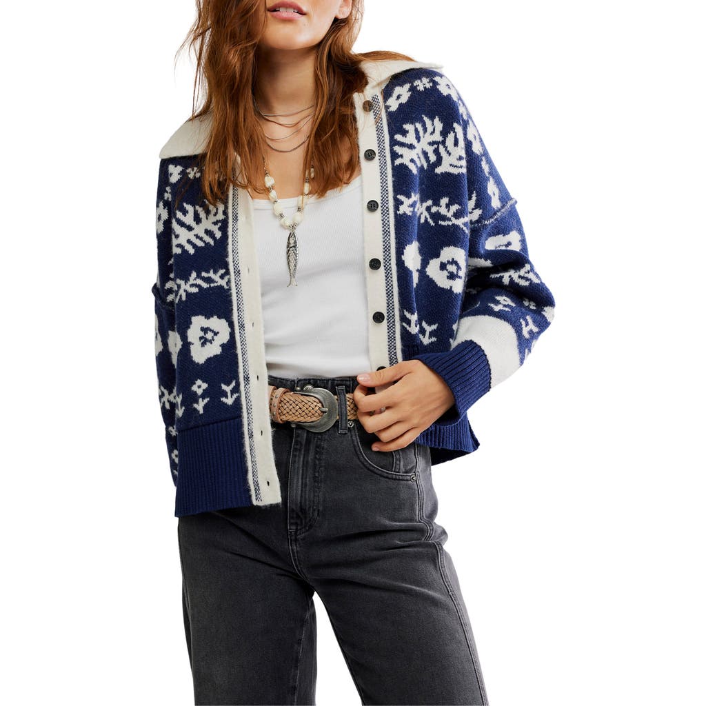 Free People Shelby Floral Jacquard Cotton Cardigan In Blue