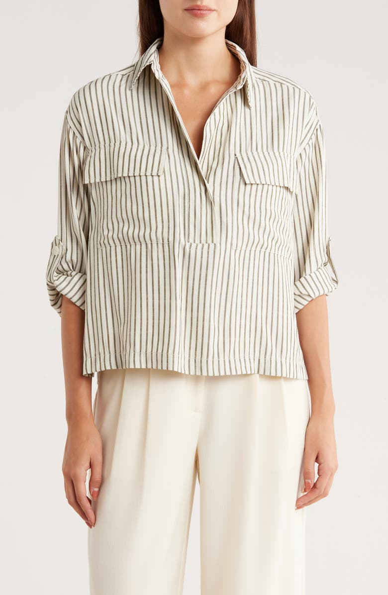 MAX STUDIO Grid Print Roll Sleeve Popover Shirt, Main, color, Ofwolats-White/ Olive