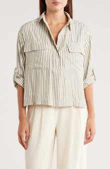 MAX STUDIO Grid Print Roll Sleeve Popover Shirt