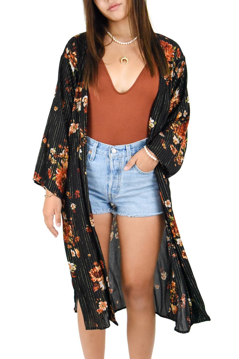 Open Front Caftan Duster, Main, color, BLK/ FLORAL