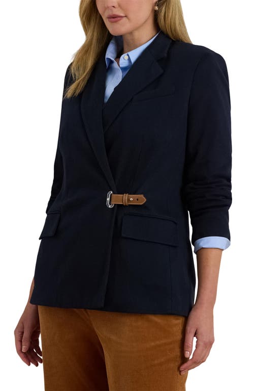 Ralph Lauren Petite Buckle-trim Herringbone Jacquard Blazer In Black
