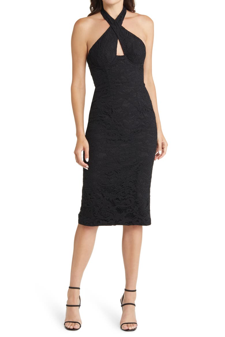 Riviera Crossover Halter Neck Cutout Corset Dress, Main, color, BLACK