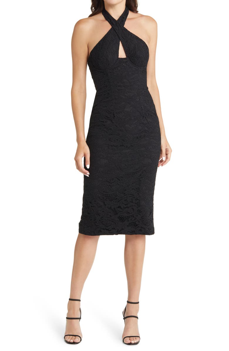 Bardot Riviera Crossover Halter Neck Cutout Corset Dress, Main, color,