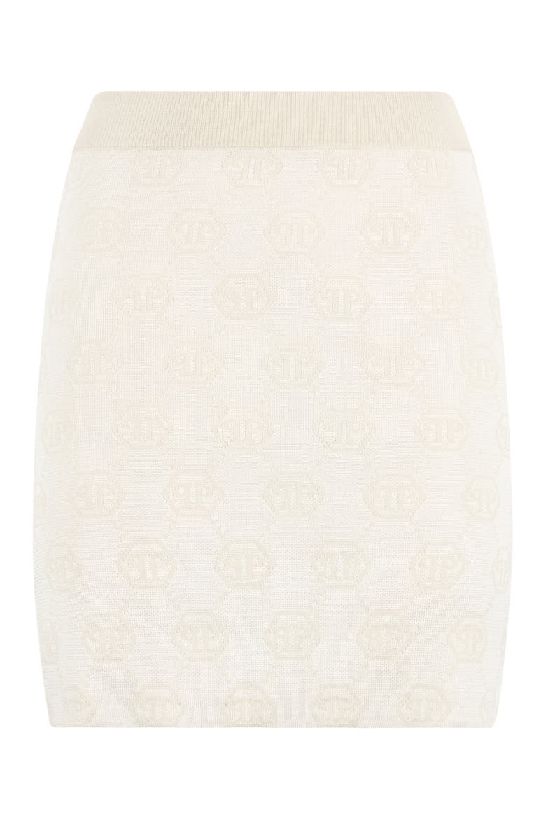Merino Wool Mini Skirt Jacquard Monogram Women, Main, color, OffWhite