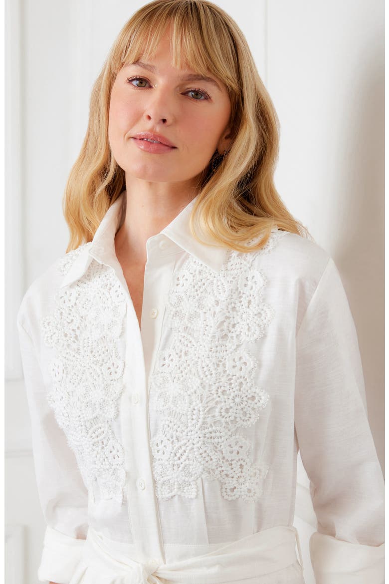 Floral Appliqué Long Sleeve Cotton & Linen Shirtdress, Alternate, color, OFF WHITE