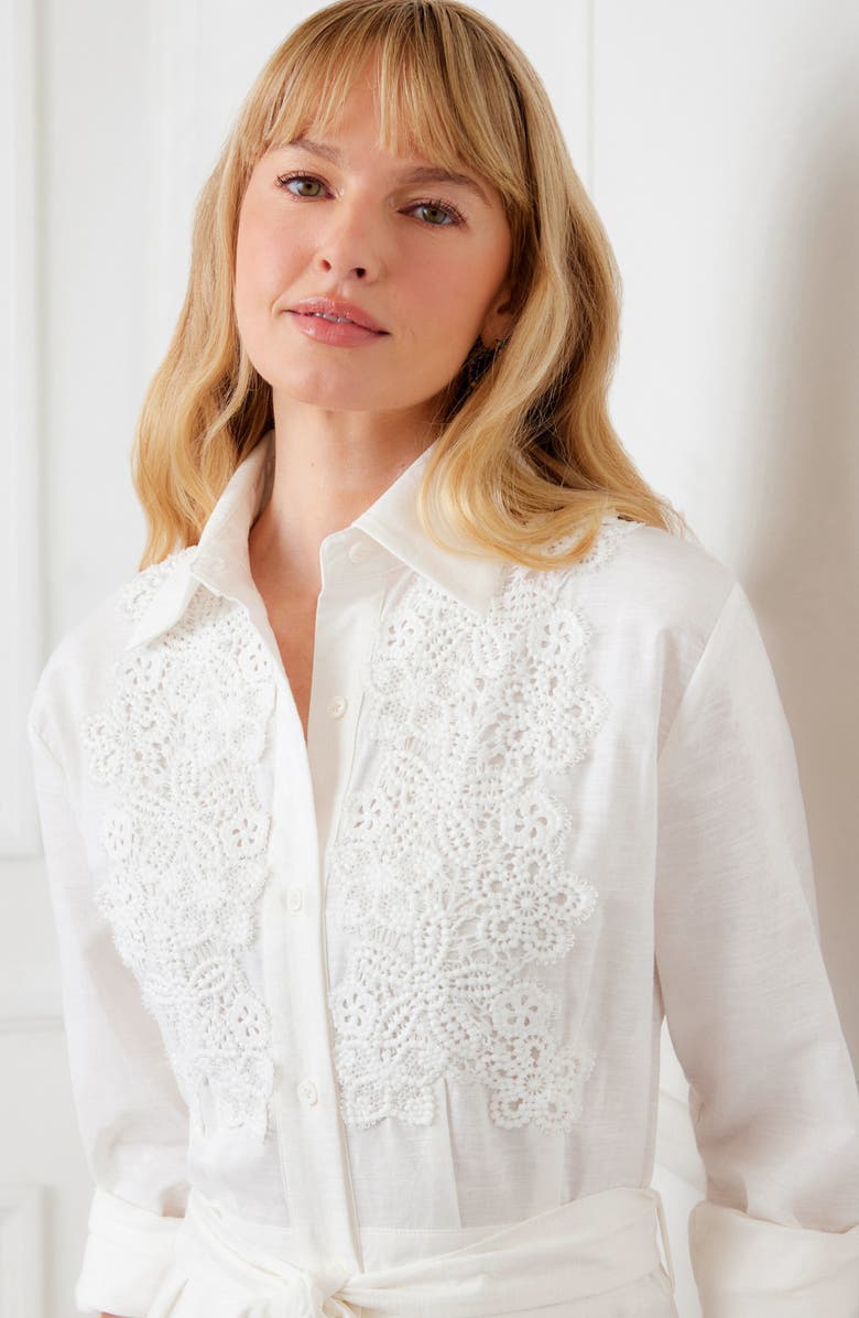 Karen Kane Floral Appliqué Long Sleeve Cotton & Linen Shirtdress, Alternate, color, Off White