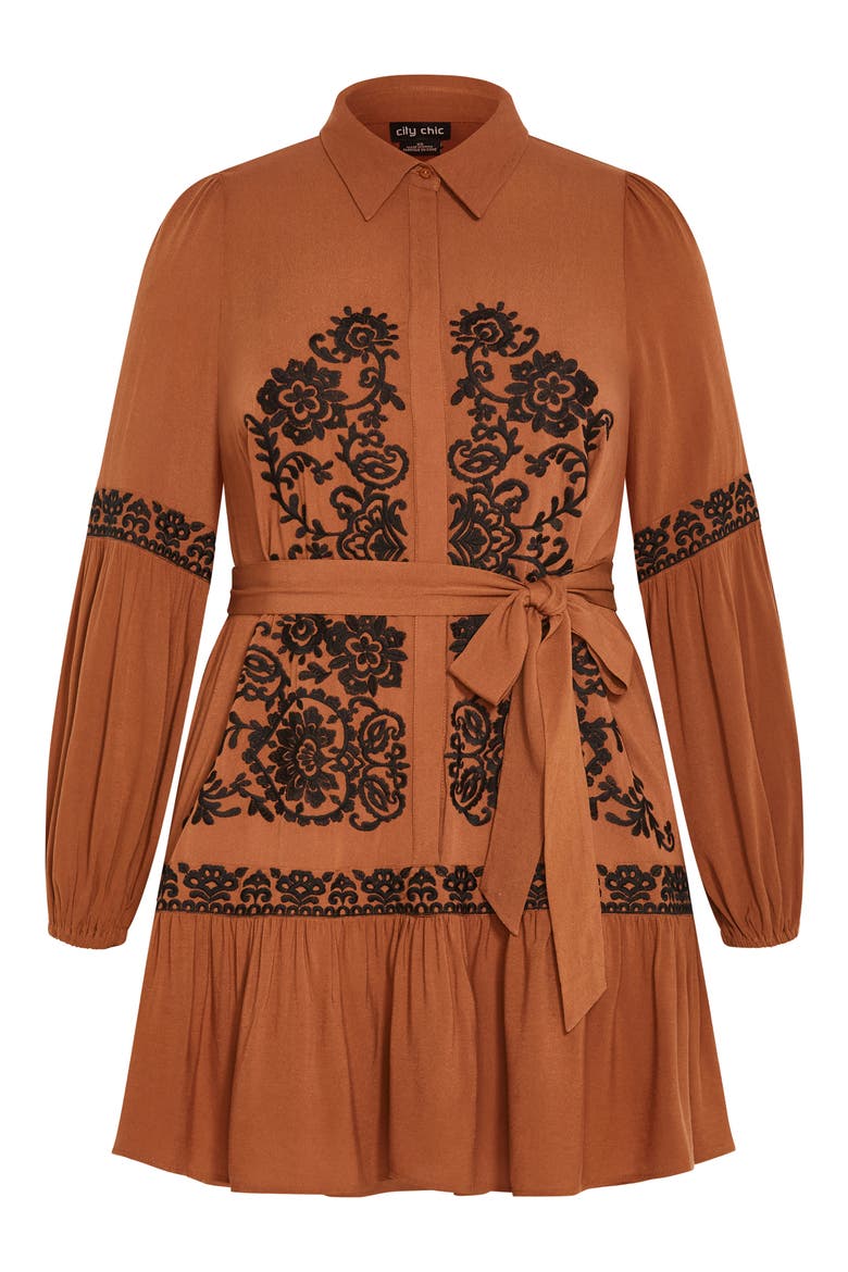Marlie Long Sleeve Embroidered Minidress, Alternate, color, CARAMEL