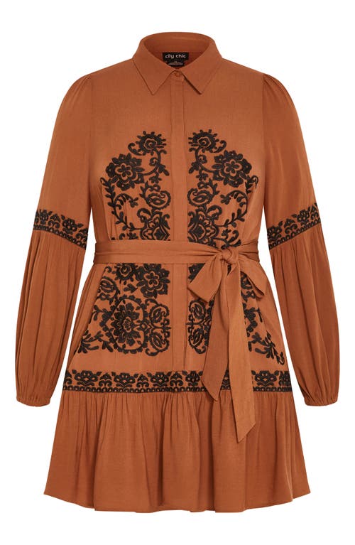 City Chic Marlie Long Sleeve Embroidered Minidress In Brown