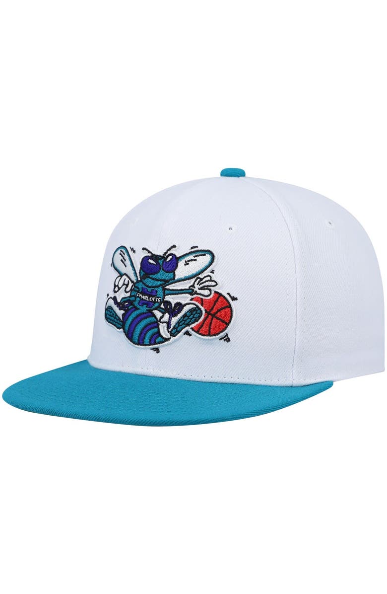 Mitchell & Ness Men's Mitchell & Ness White/Teal Charlotte Hornets Hardwood Classics Snapback Hat, Alternate, color,