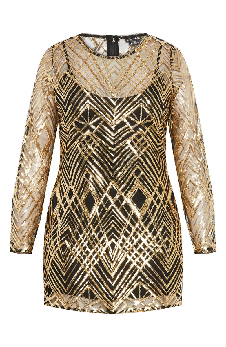 City Chic Braylin Long Sleeve Sequin Minidress, Alternate, color, Gold Geo
